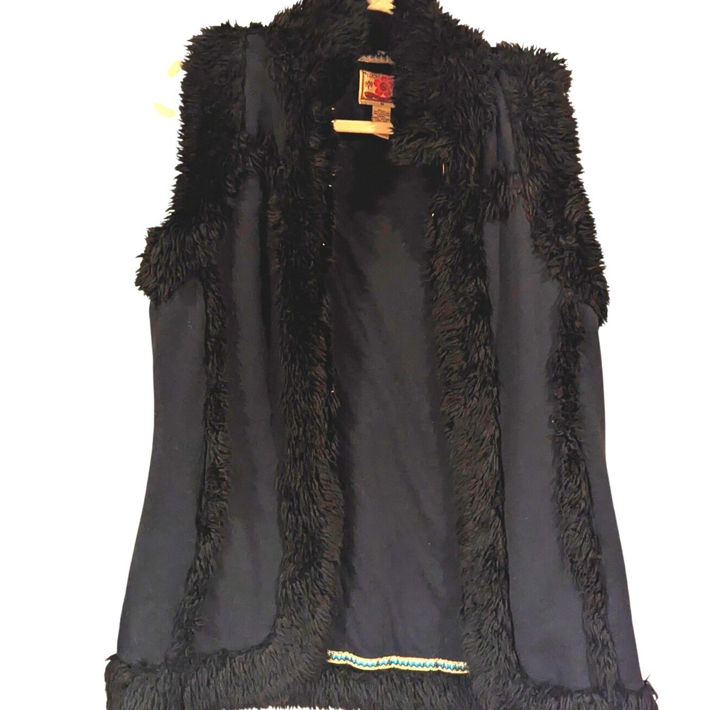 Lucky Brand Faux Fur‎ Trim Vest Blue and Black Penny Lane Sleeveless Boho Size M